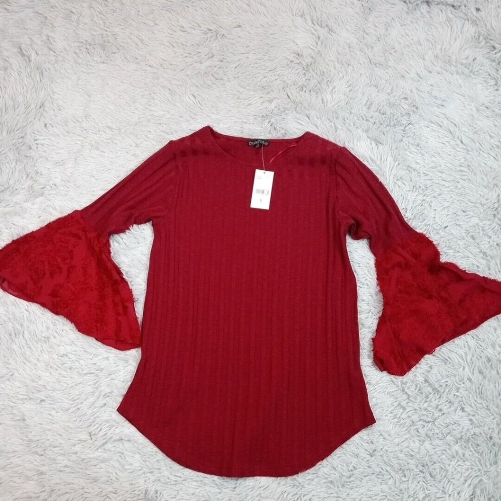 Bua Bua Womens Shirt Blouse Red Small Bell Sleeve Top Stretch Party Dance New
